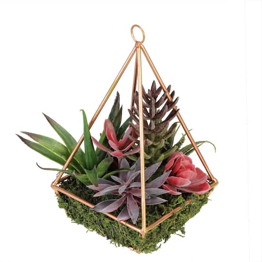 9&#x22; Artificial Succulent Arrangement In 4 Sided Copper Wire Frame